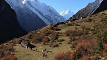 Lone hiker before Mount Everest at dawn, with prayer flags and vivid Himalayan landscape.