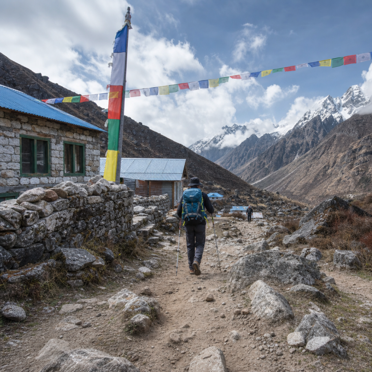 Trekker walking past stone lodges and prayer flags on the Langtang trail