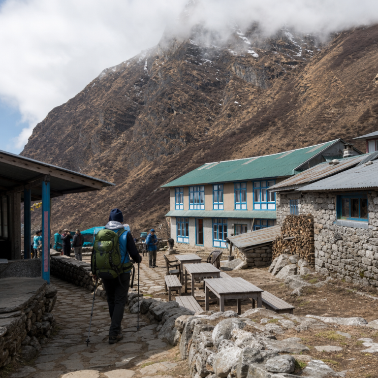 Trekker approaching teahouses beneath steep mountains on the Langtang Gosaikunda route