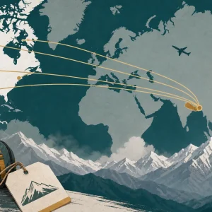 Illustrated flight routes from the United States and Canada to Kathmandu, Nepal