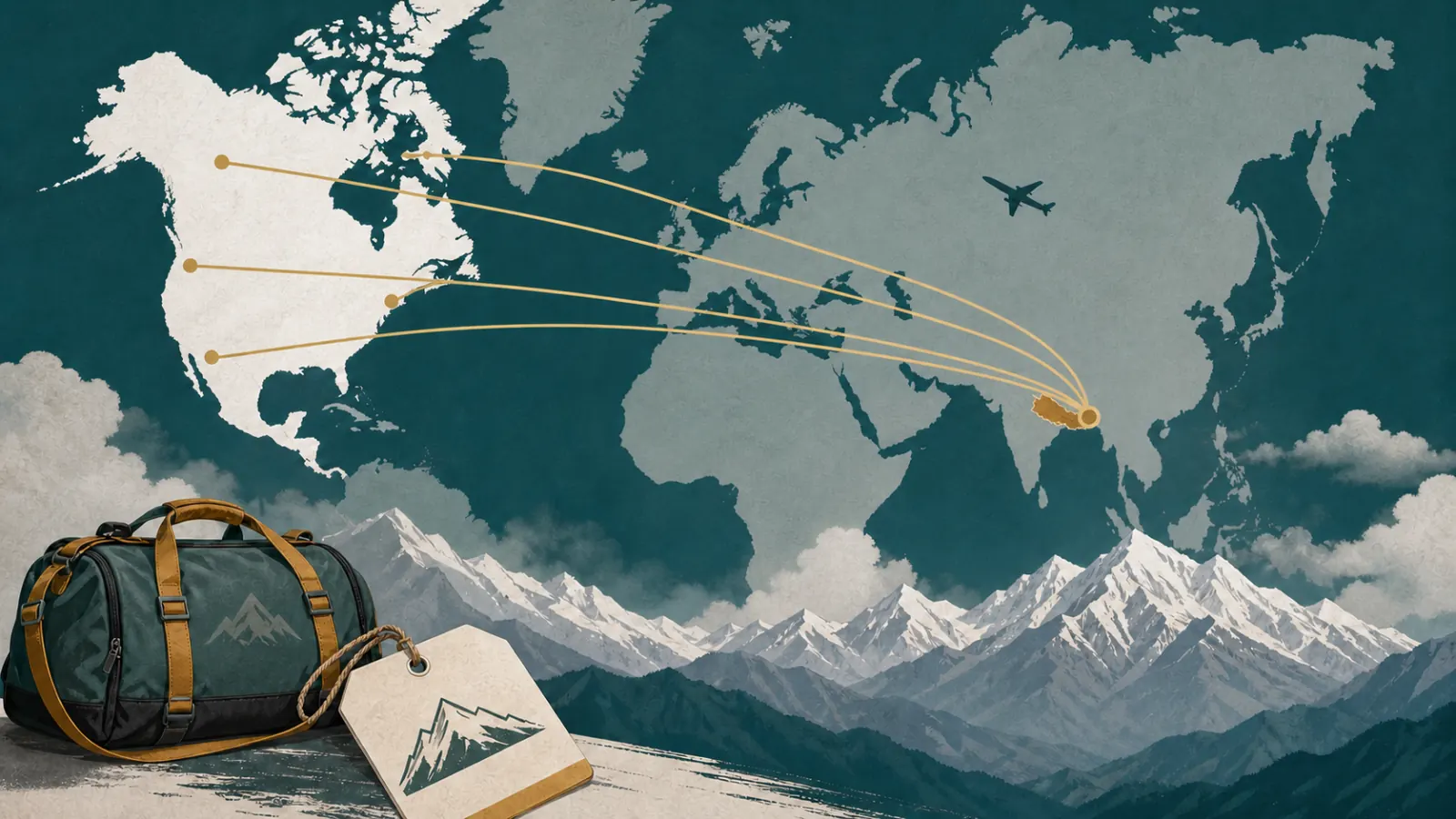 Illustrated flight routes from the United States and Canada to Kathmandu, Nepal